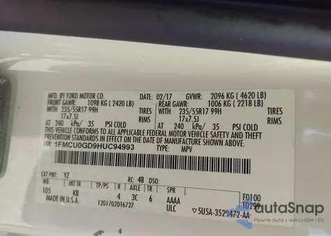 2017 Ford Escape Se из США, поврежденный, VIN 1FMCU0GD9HUC94993